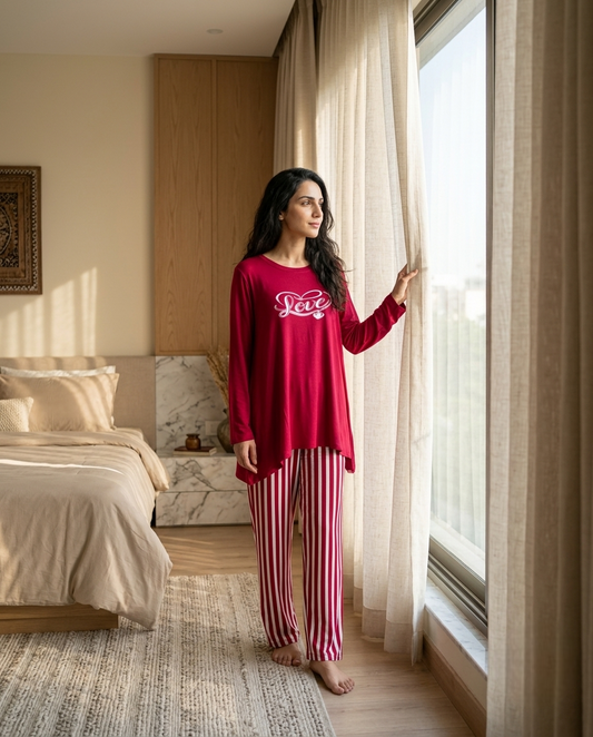 Red White Striped Cotton Night Suit – 2 Pcs