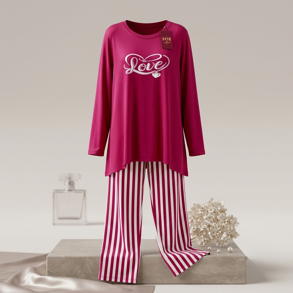 Red White Striped Cotton Night Suit – 2 Pcs