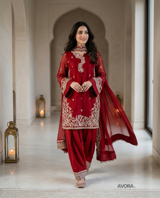 Red Embroidered Kurta Pajama Set