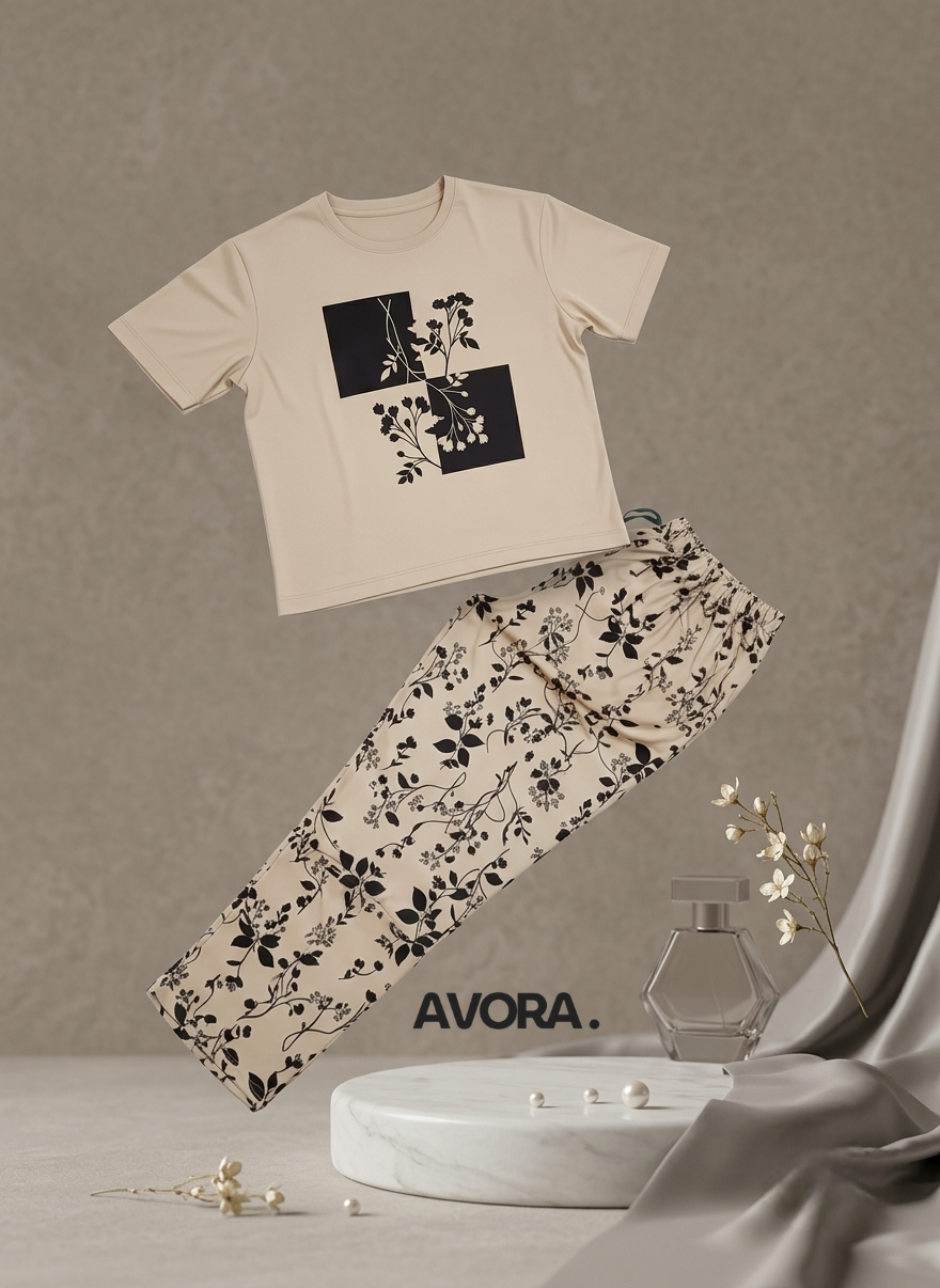 Women Floral Printed Night Suit Beige