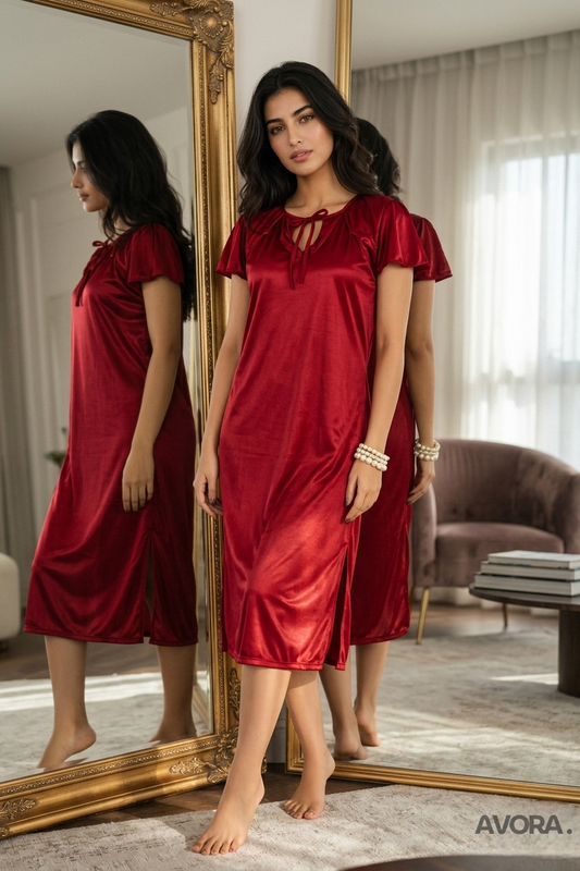 Maroon Silk Night Suit for Women