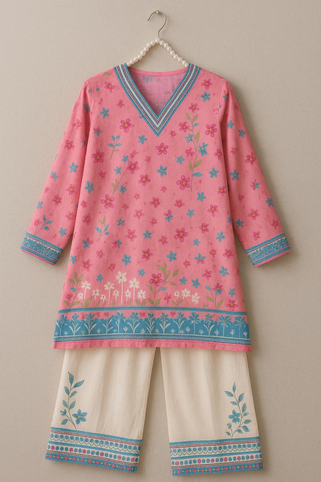 Bloomy Pink Lawn 2-Piece Co-Ord Set for Women