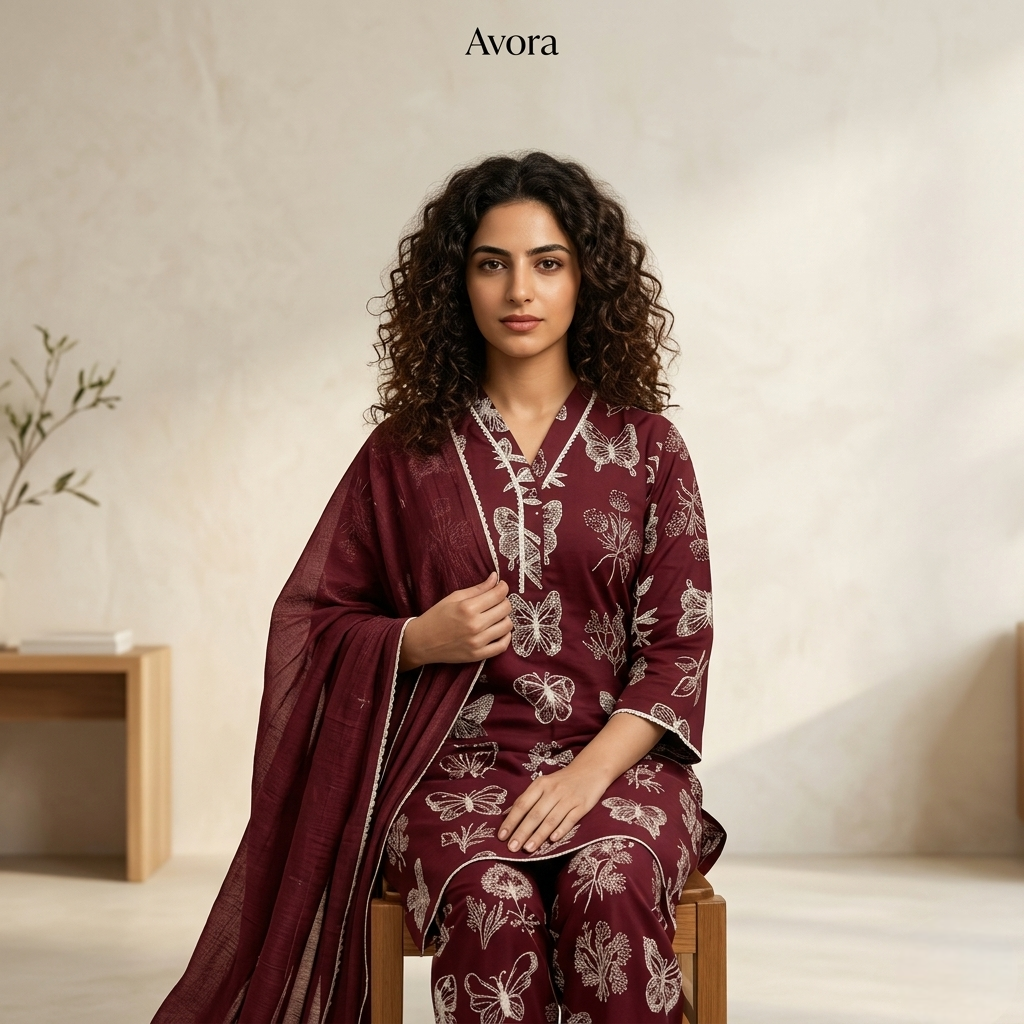 2 Pcs Women’s Linen Butterfly Printed Set – Maroon