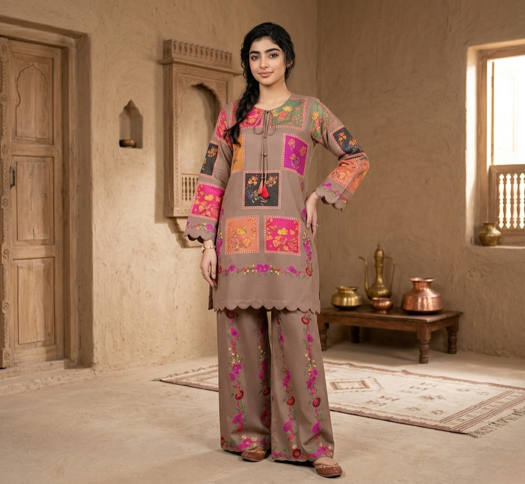 Brown Printed Arabic Lawn 2-Piece Set