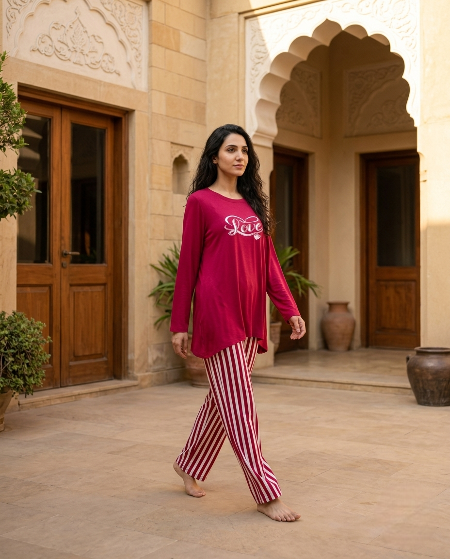 Red White Striped Cotton Night Suit – 2 Pcs