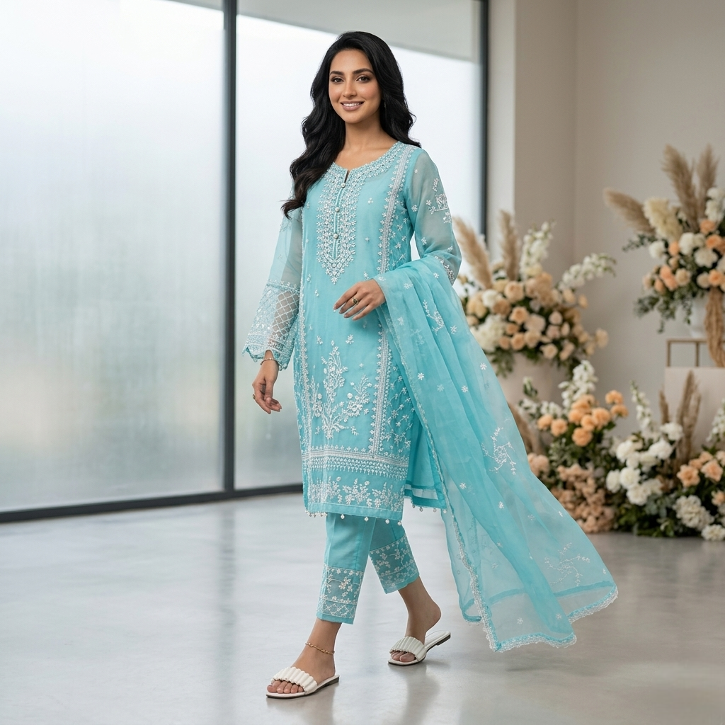 Blue Organza Embroidered 3-Piece Women Suit