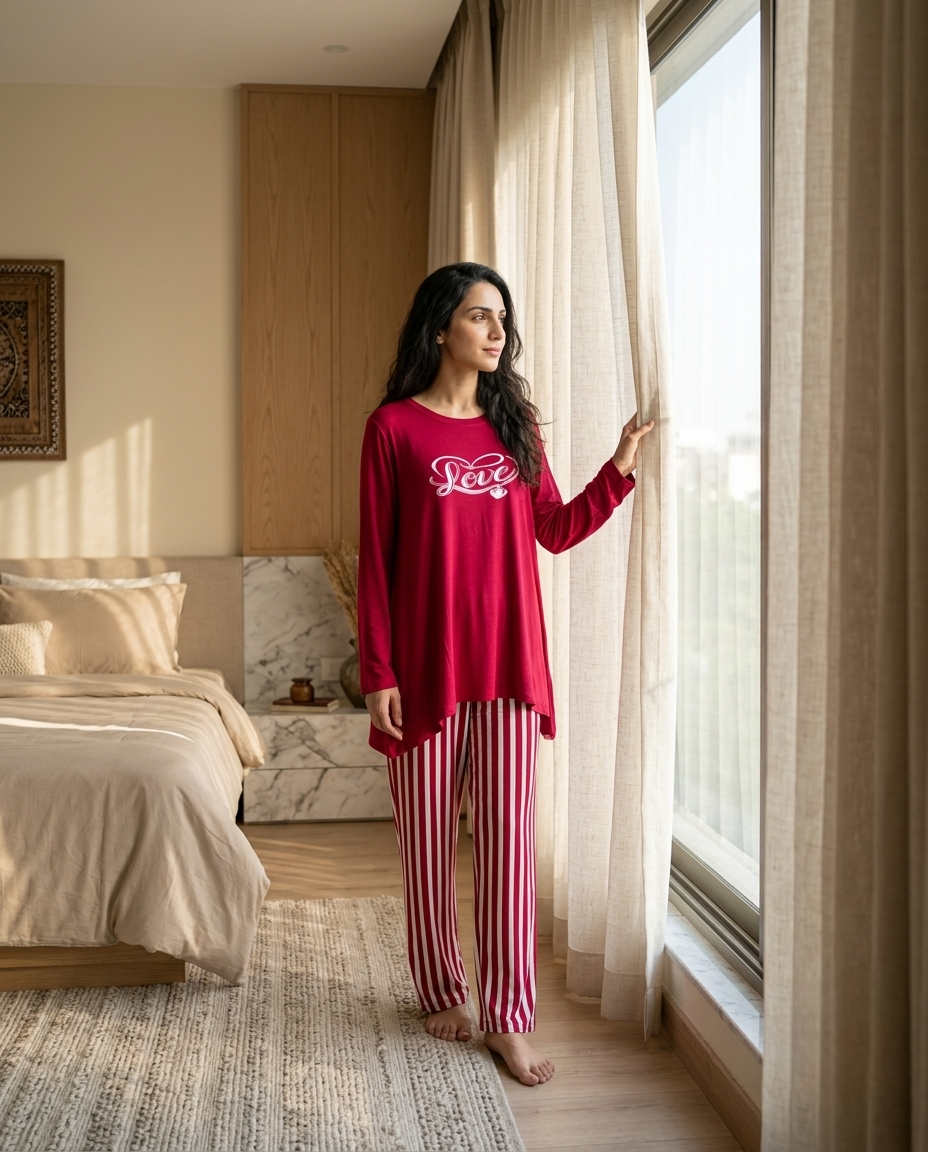 Red White Striped Cotton Night Suit – 2 Pcs