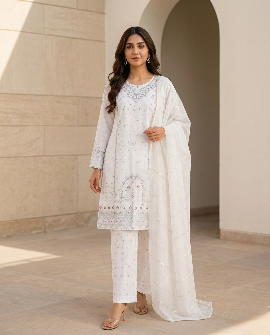 Women Cotton Lawn Embroidered 3-Piece Suit