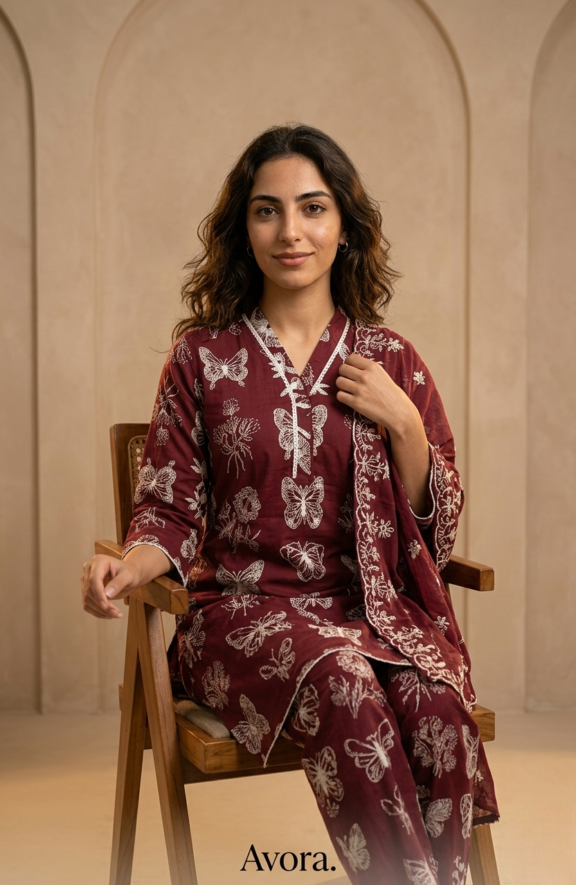 2 Pcs Women’s Linen Butterfly Printed Set – Maroon