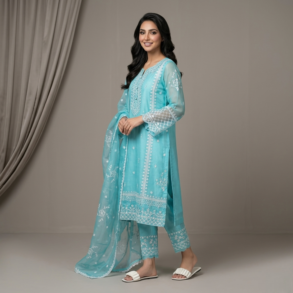 Blue Organza Embroidered 3-Piece Women Suit