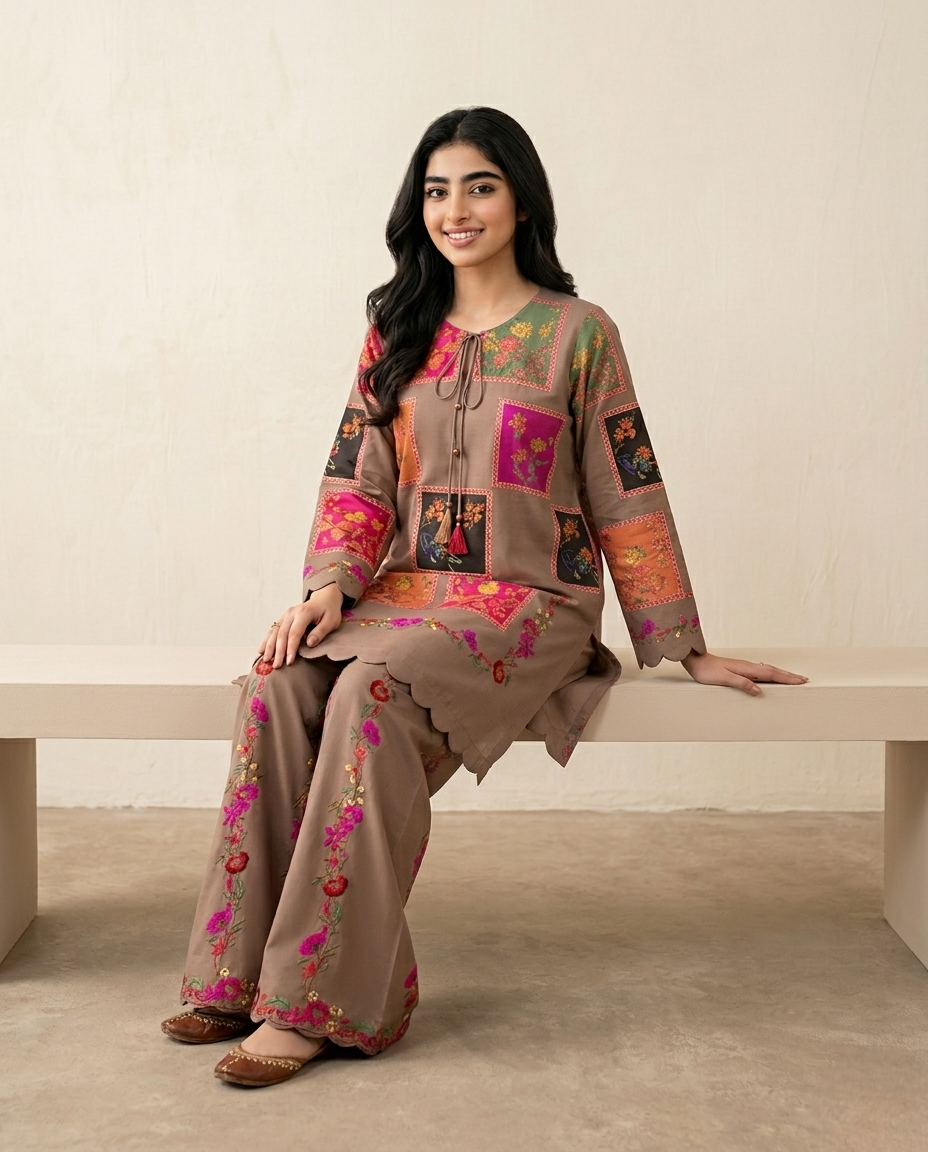 Brown Printed Arabic Lawn 2-Piece Set
