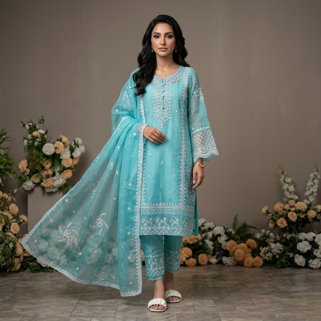 Blue Organza Embroidered 3-Piece Women Suit
