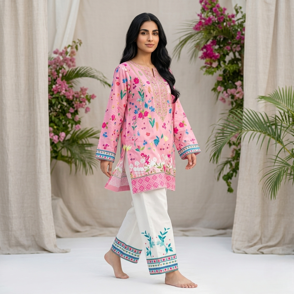 Bloomy Pink Lawn 2-Piece Co-Ord Set for Women