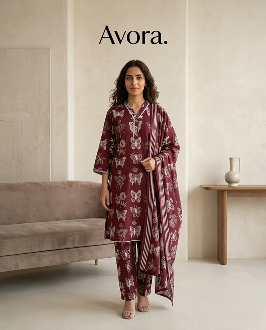 2 Pcs Women’s Linen Butterfly Printed Set – Maroon