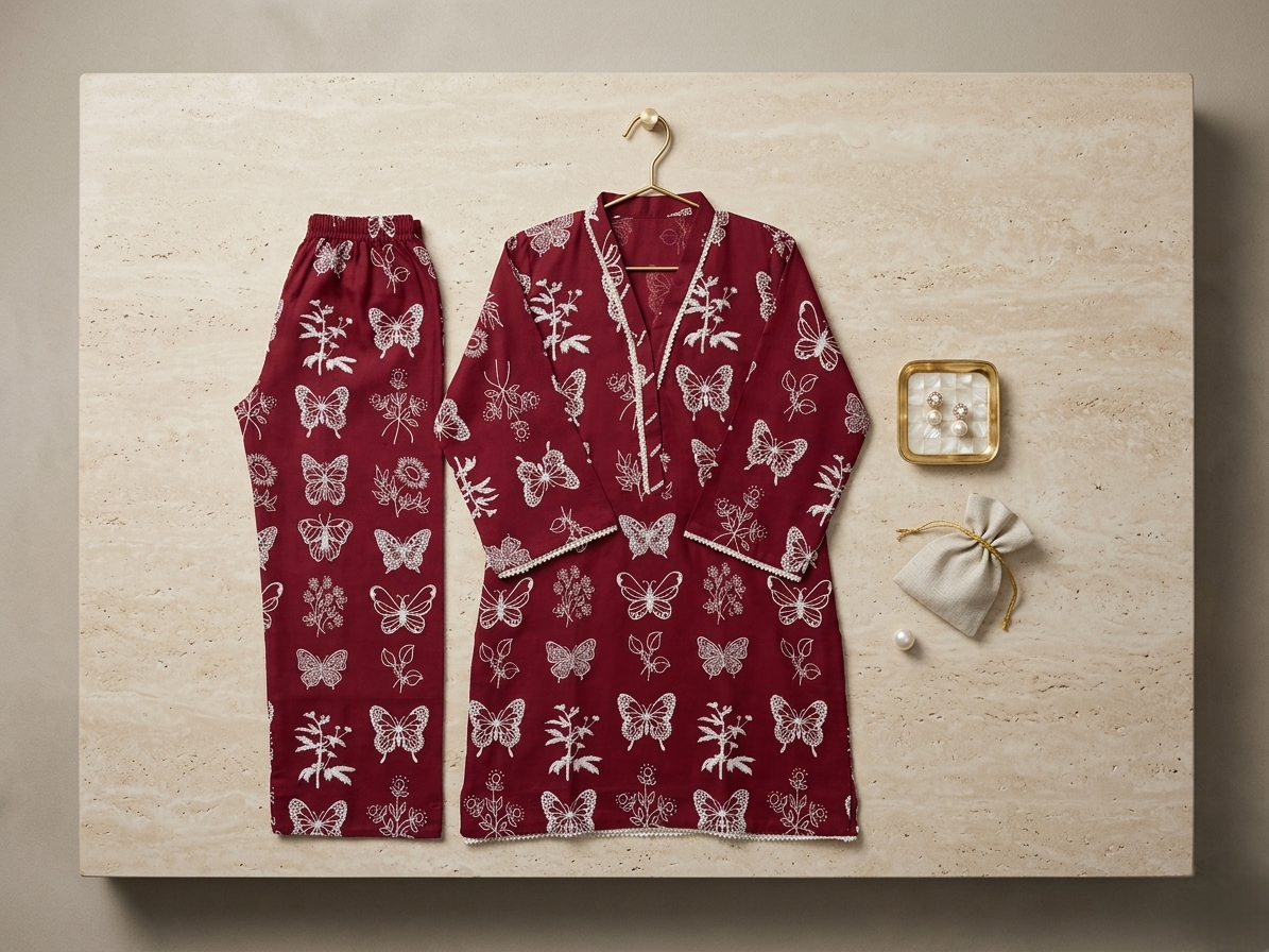 2 Pcs Women’s Linen Butterfly Printed Set – Maroon