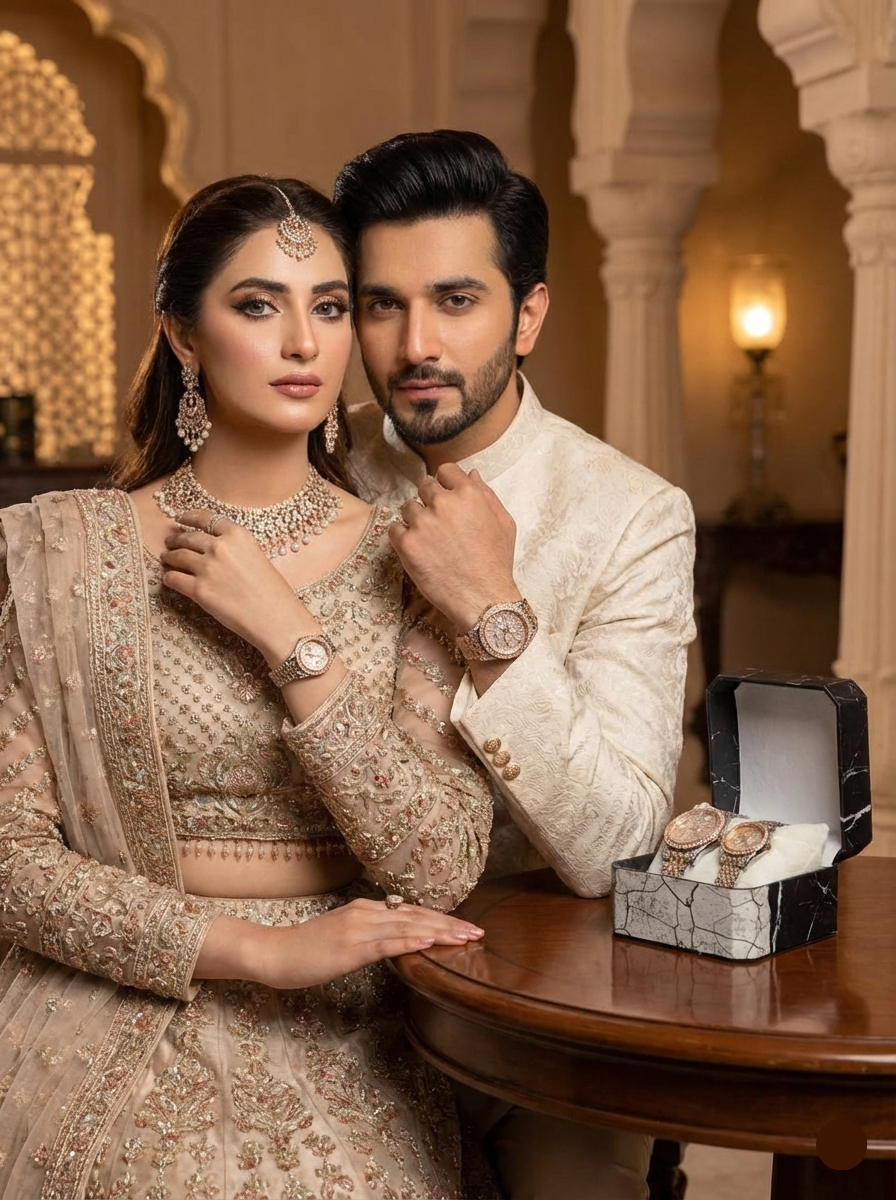 Luxury Diamond Stone Couple Watches – Rose Gold & Golden Matching Set (2 Pcs)