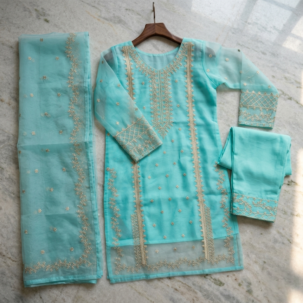 Blue Organza Embroidered 3-Piece Women Suit