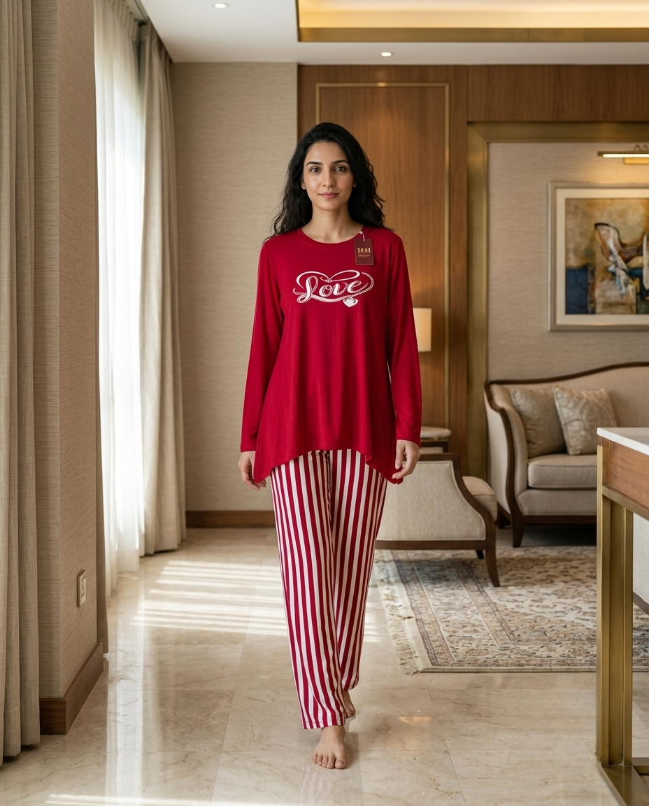 Red White Striped Cotton Night Suit – 2 Pcs