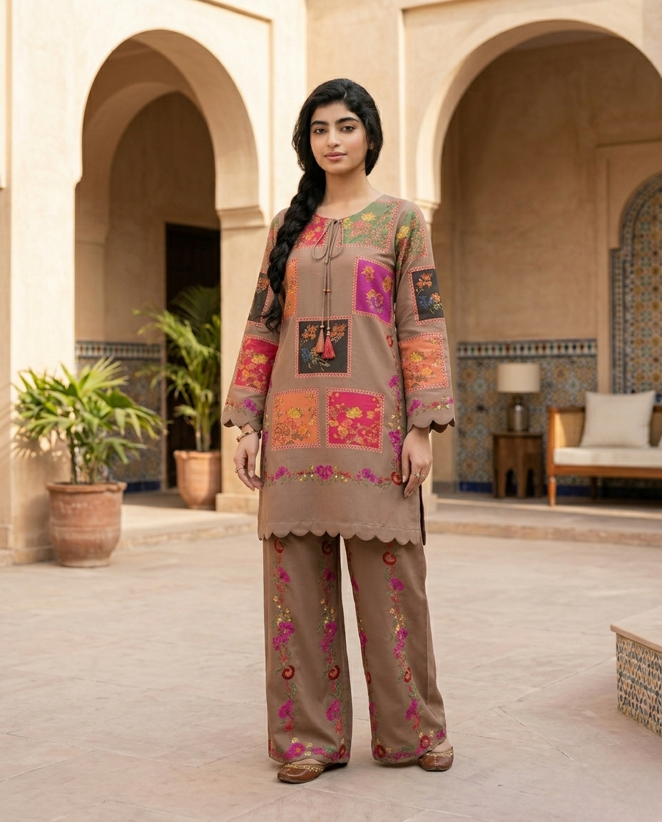 Brown Printed Arabic Lawn 2-Piece Set