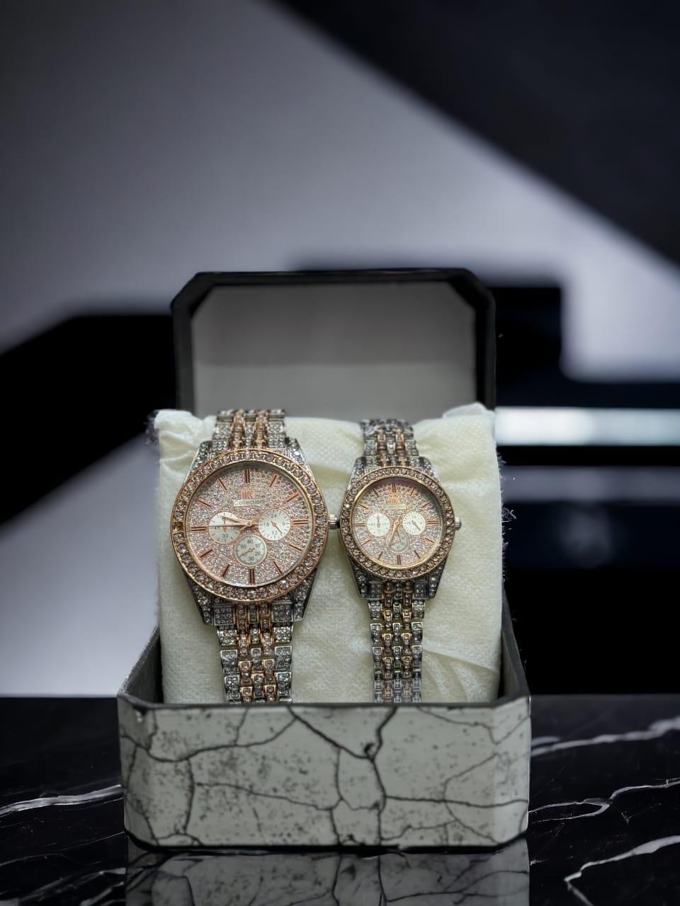 Luxury Diamond Stone Couple Watches – Rose Gold & Golden Matching Set (2 Pcs)