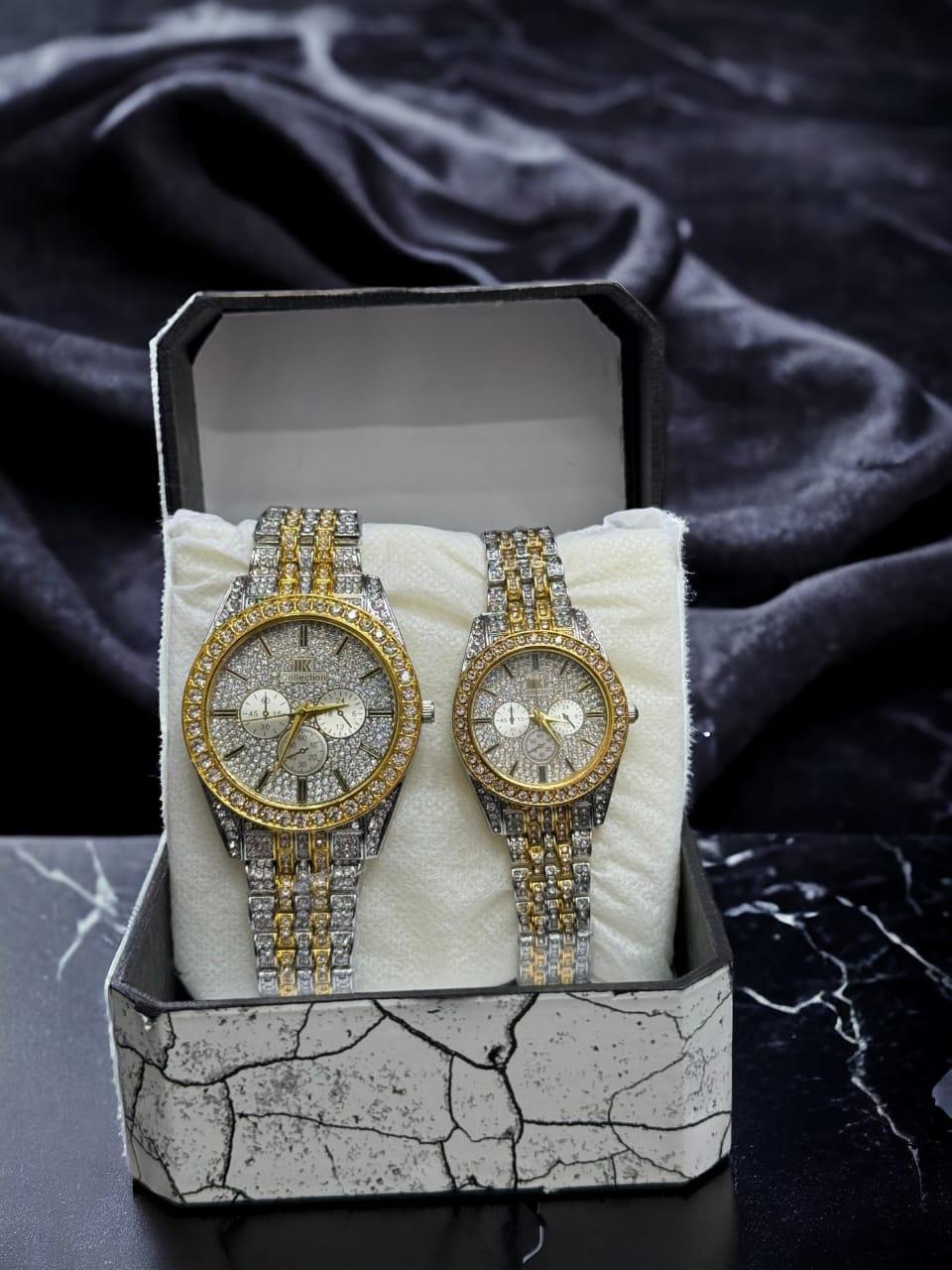Luxury Diamond Stone Couple Watches – Rose Gold & Golden Matching Set (2 Pcs)