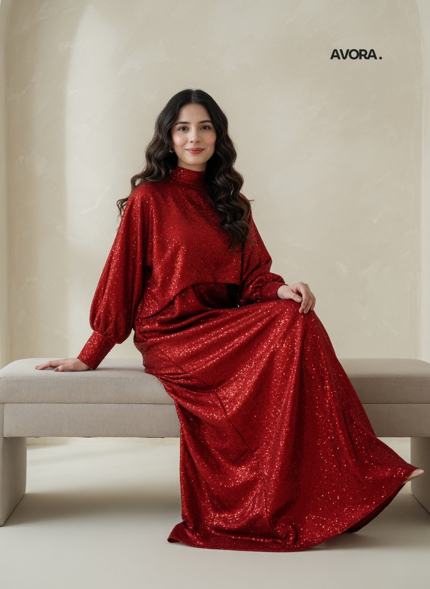 Red Sequin Maxi Dress Set Party Wear 2Pcs