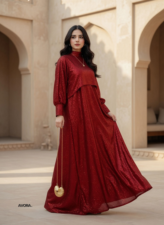 Red Sequin Maxi Dress Set Party Wear 2Pcs