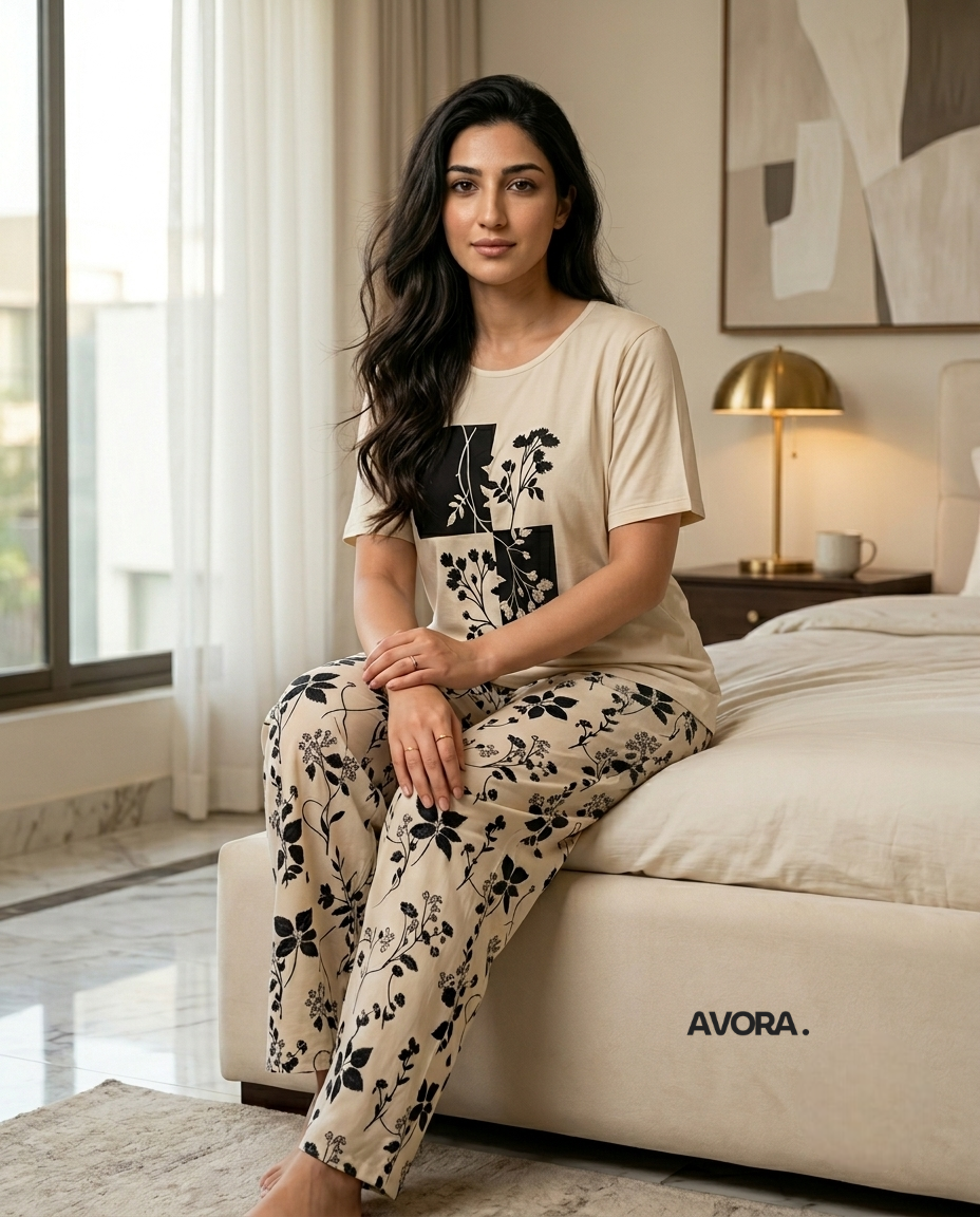 Women Floral Printed Night Suit Beige
