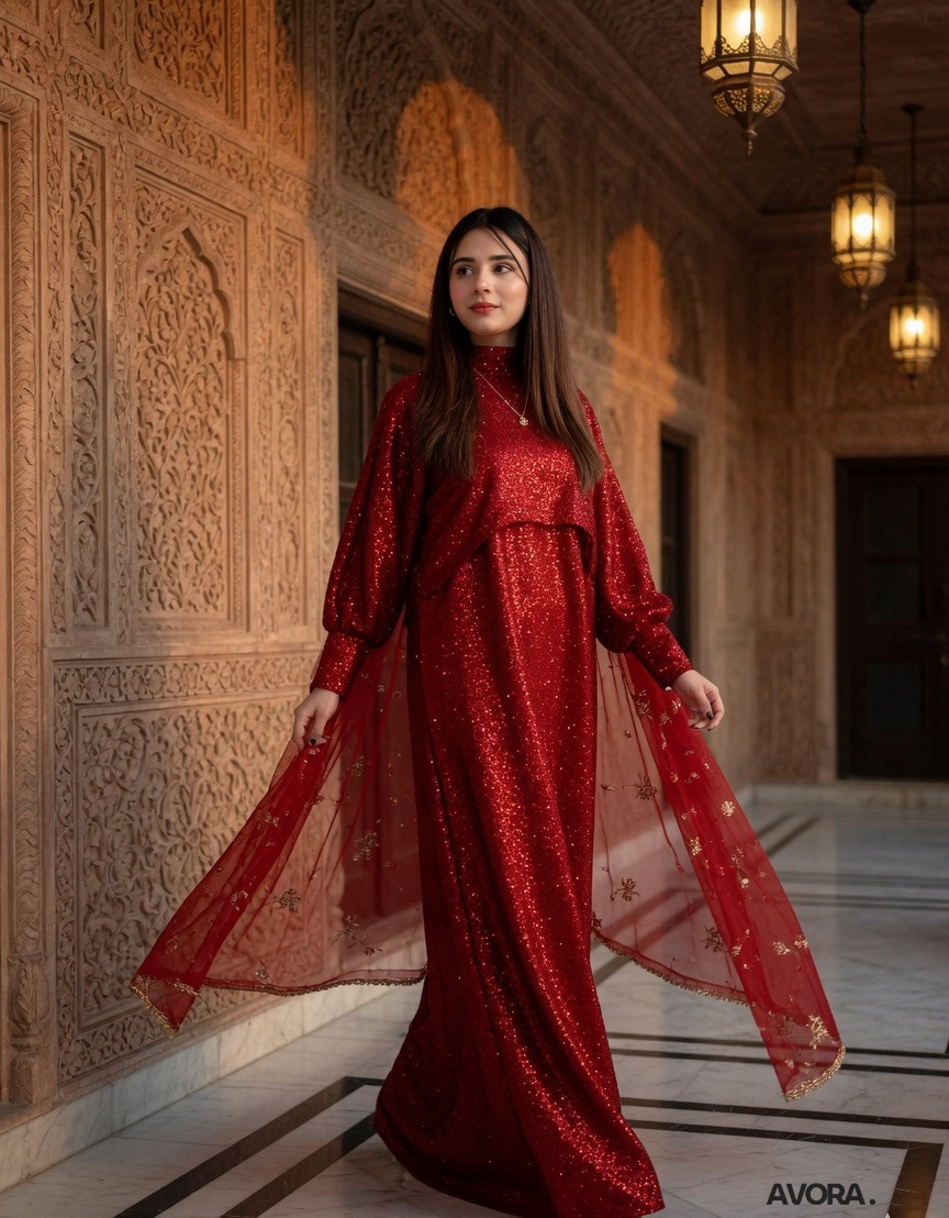 Red Sequin Maxi Dress Set Party Wear 2Pcs
