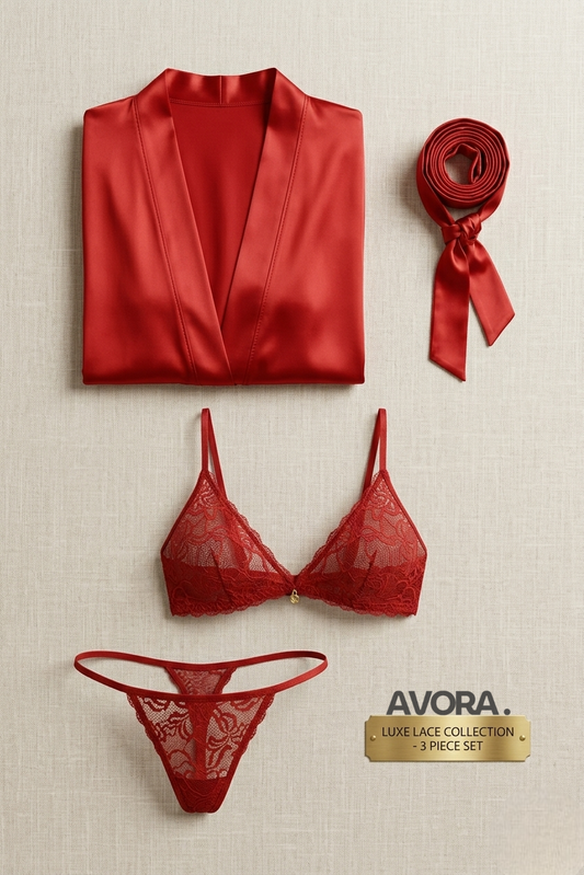 3 Pcs Silk Nightwear Set Maroon V-Neck