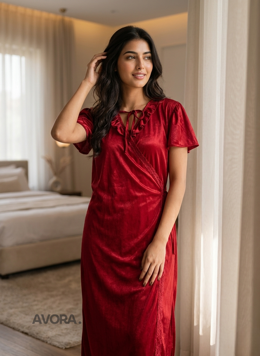 Maroon Silk Night Suit for Women