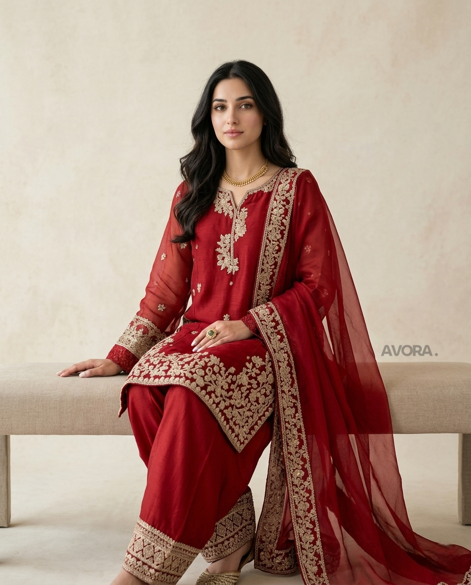 Red Embroidered Kurta Pajama Set
