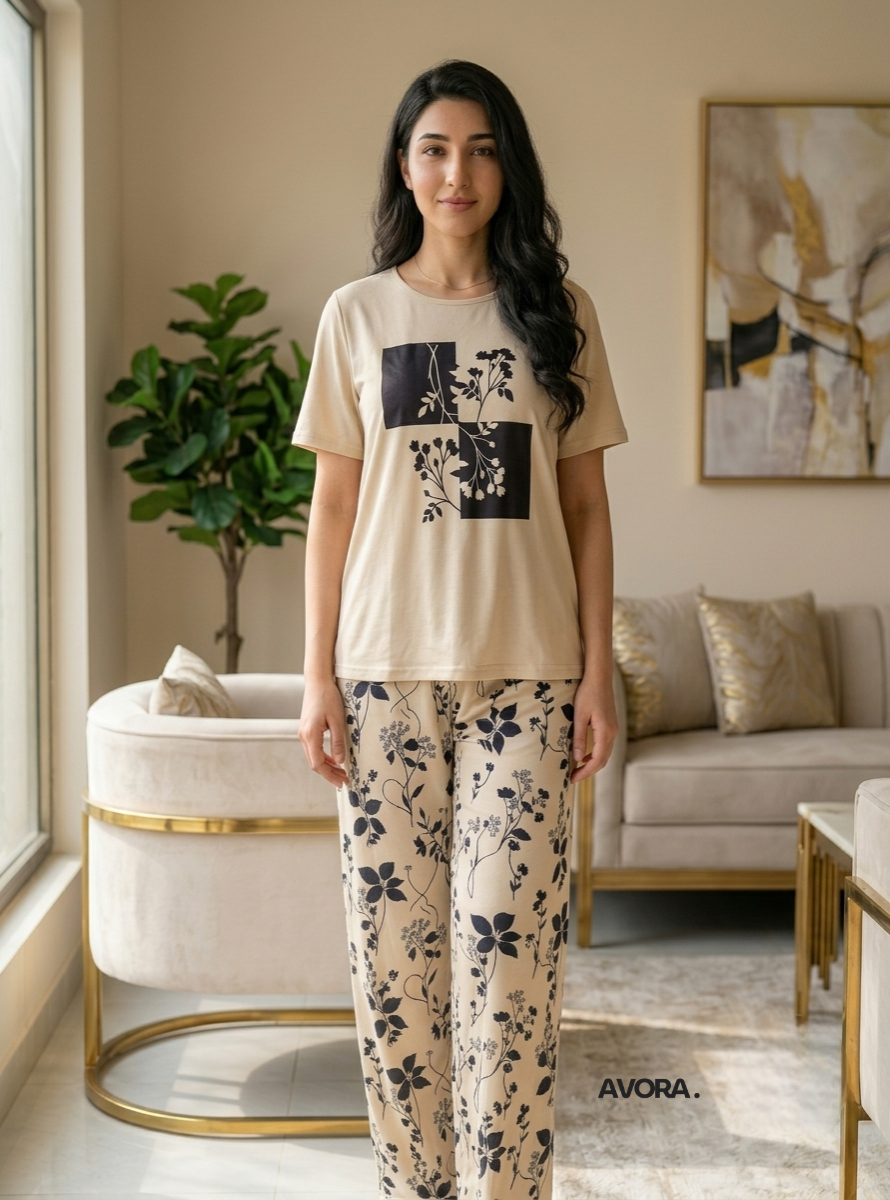 Women Floral Printed Night Suit Beige