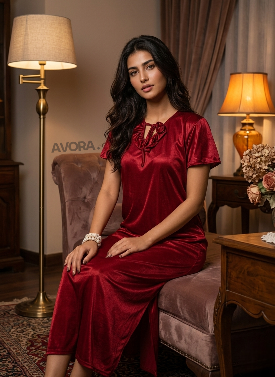Maroon Silk Night Suit for Women