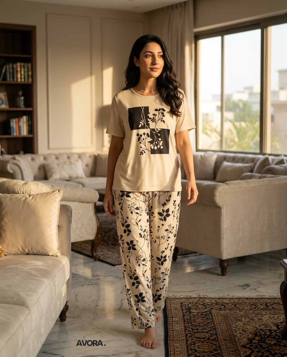 Women Floral Printed Night Suit Beige