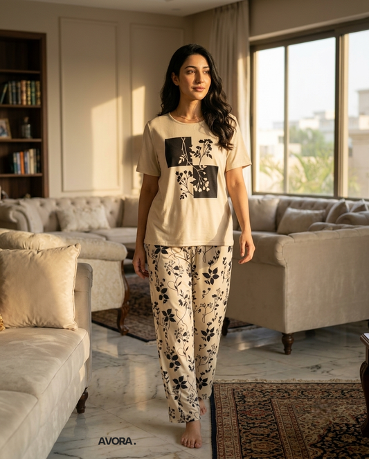 Women Floral Printed Night Suit Beige