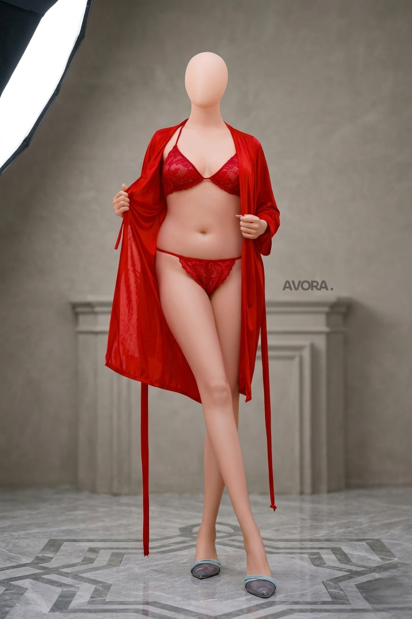 3 Pcs Silk Nightwear Set Maroon V-Neck
