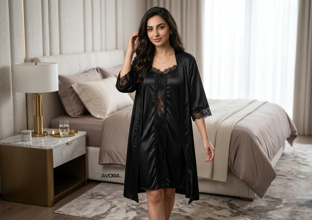 Women’s Silk Lace Night Suit – 3 Pcs Set