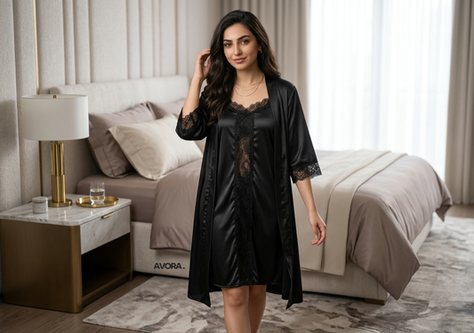 Women’s Silk Lace Night Suit – 3 Pcs Set