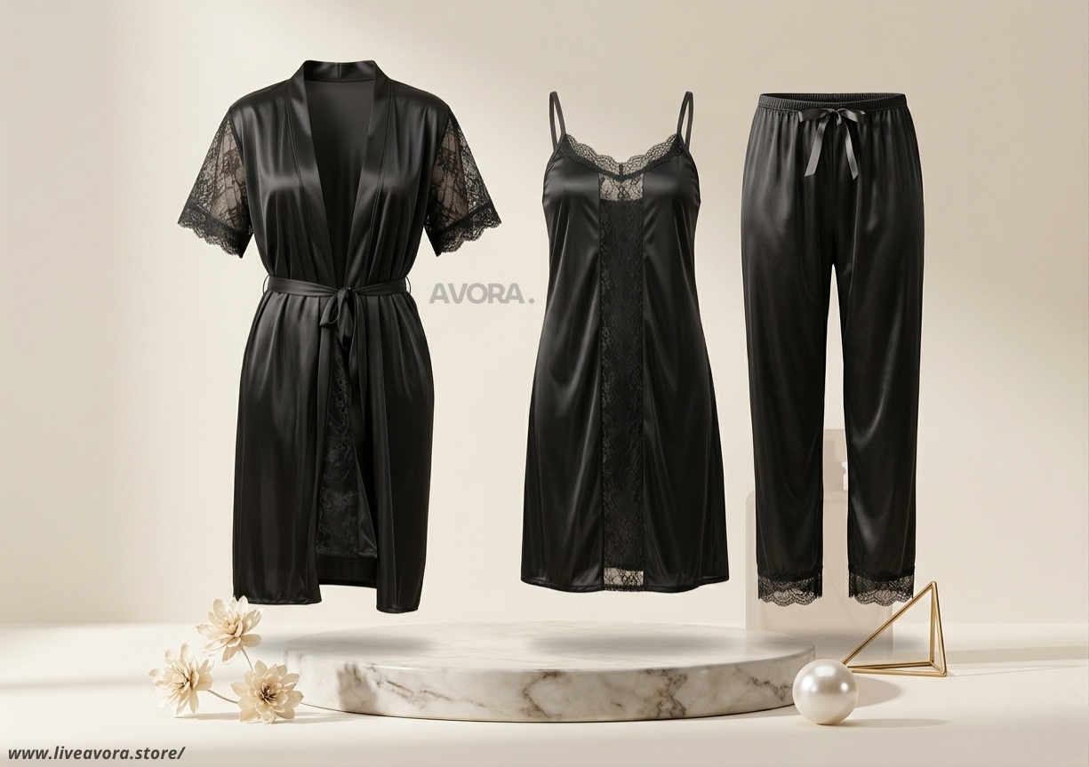 Women’s Silk Lace Night Suit – 3 Pcs Set
