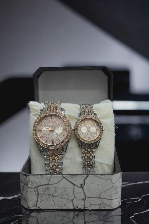 Luxury Diamond Stone Couple Watches – Rose Gold & Golden Matching Set (2 Pcs)